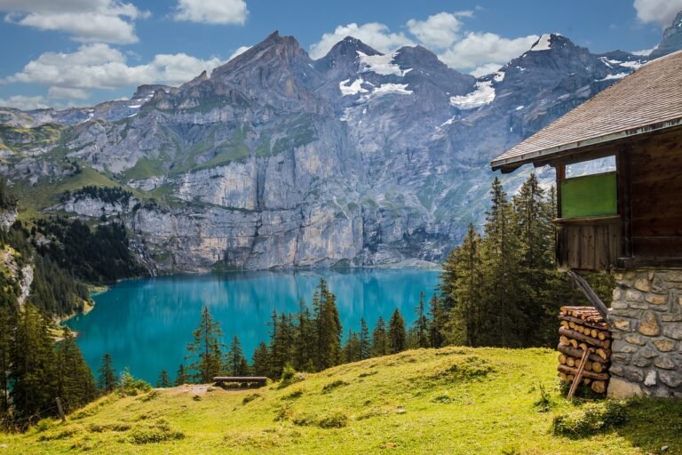 lake, mountains, hut